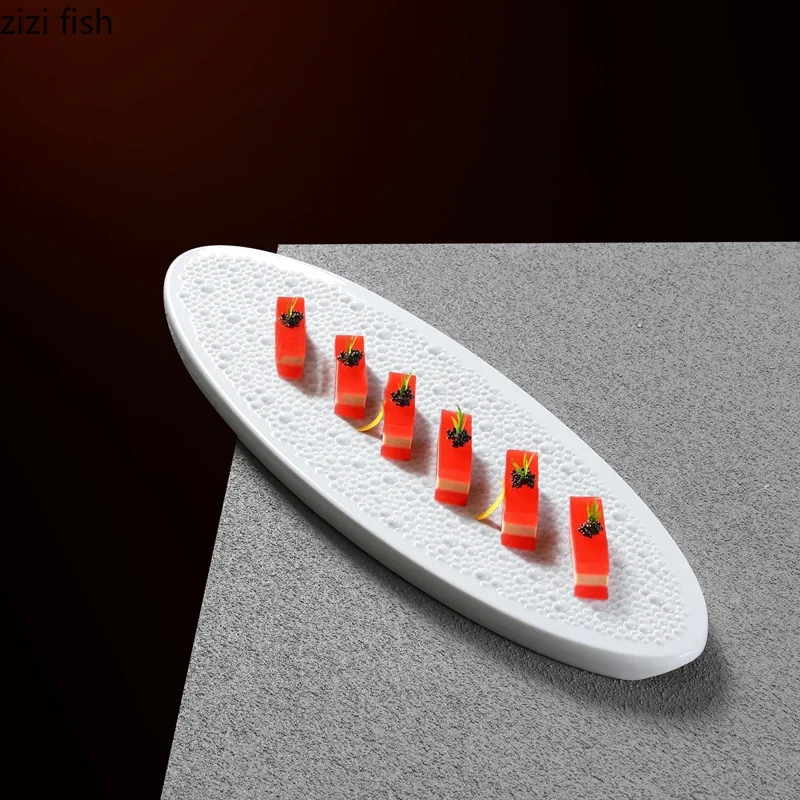 Pure White Bead Dot Texture Ceramic Sushi Plate Oval Dessert Plate Snack Dim Sum Dish Molecular Cuisine Creative Tableware
