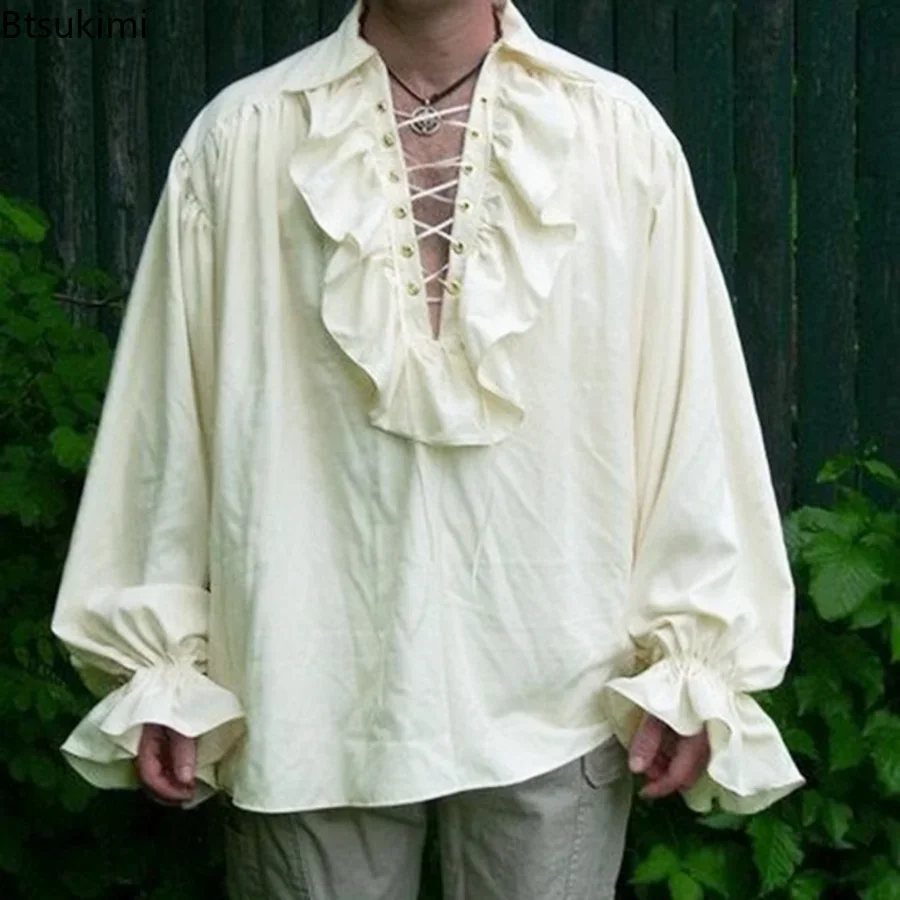 Costume rinascimentale da uomo Ruffled manica lunga Lace Up camicia da pirata Steampunk medievale Cosplay Prince Drama Stage Costume Tops - immagine 4