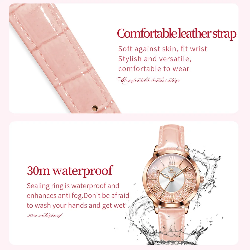 OLEVS 5539 Quartz Watch Woman Flowing Crystal Design Roman Numeral Scale Ladies Wristwatch Leather Strap Waterproof Womens Watch 3