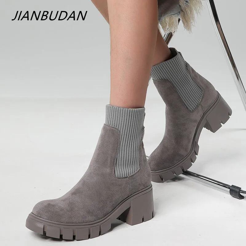 

JIANBUDAN nubuck Ankle Boots Suede Leather women Platform Short Boots Ladies shoes Fashion Autumn Winter Non-slip Boots 35-43