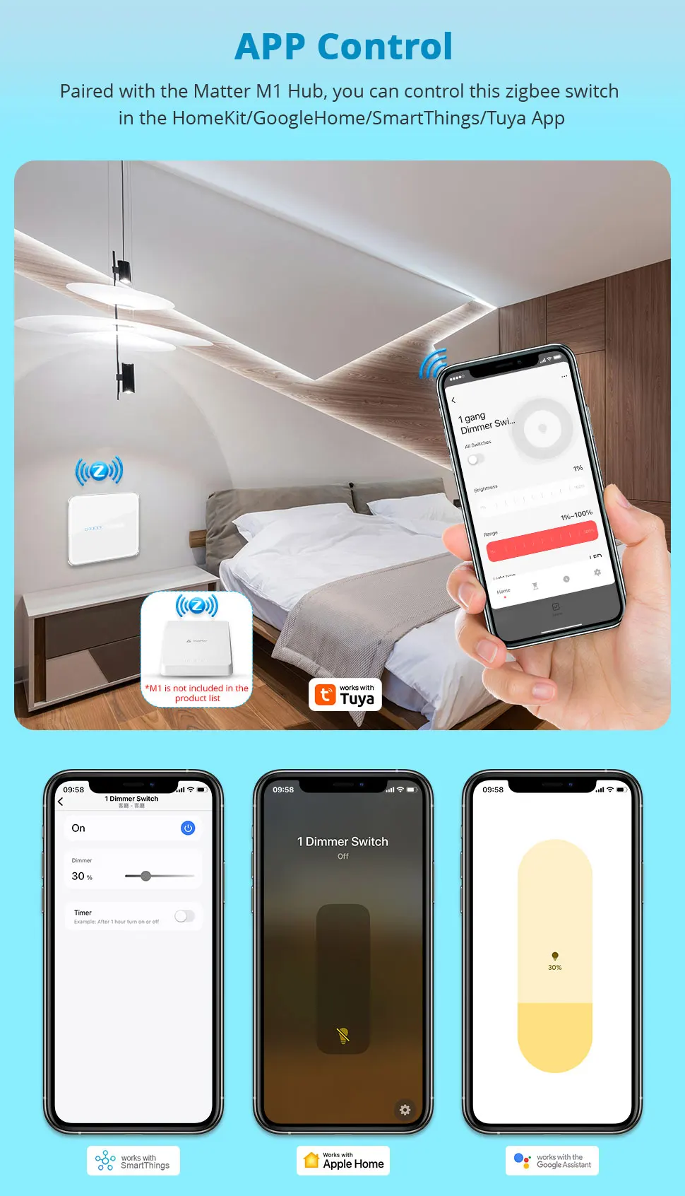 EU US Dimmer Switch Zigbee 1 Gang Light Switch with Slider for Percentage Contro