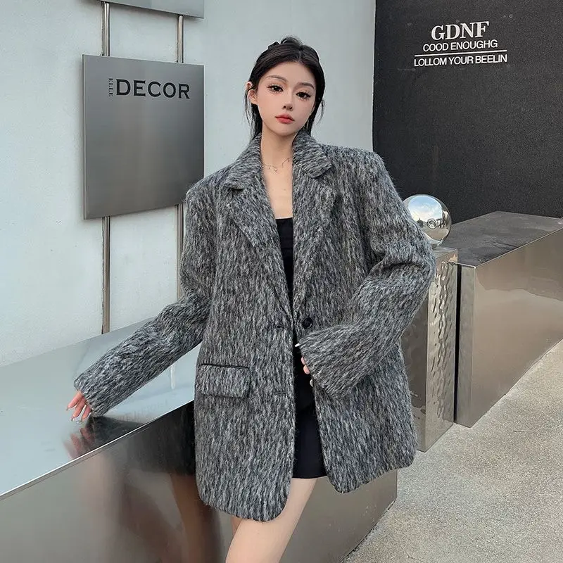 

Woolen Blzer Autumn Winter New Women Thickened Advanced Design Mid-Length Gray Suit Female Loose Casual Versatile Outerwear 2024