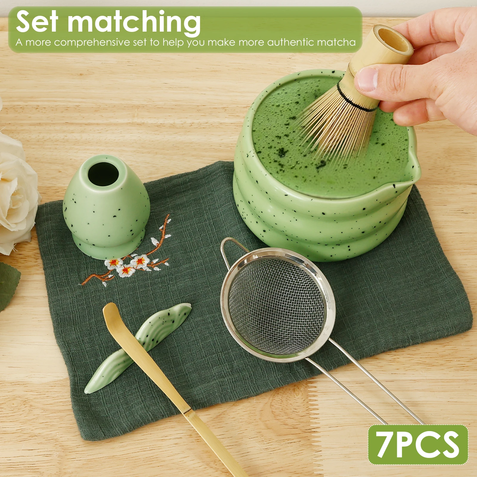 Japanese Matcha Tea Set Safe Bamboo Whisk Teaspoon Tea Bowl Indoor Making Tools Accessories Ceramic Matcha Gift Box 7Pcs