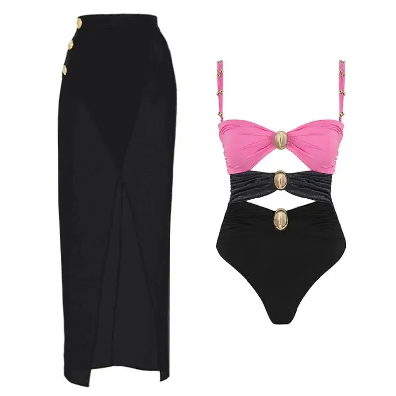 Summer 2024 Hot selling Metal Round Button Decorative Block Color Hollow out Swimsuit Set in Europe and America for Women
