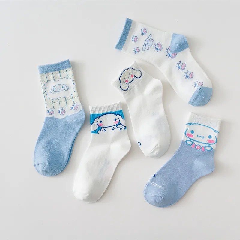 

5Pcs Kawaii Sanrio Cinnamoroll Cartoon Girl Heart Autumn and Winter In The Tube Cartoon Sock Every Match Cute Blue Girl Wind Y2K