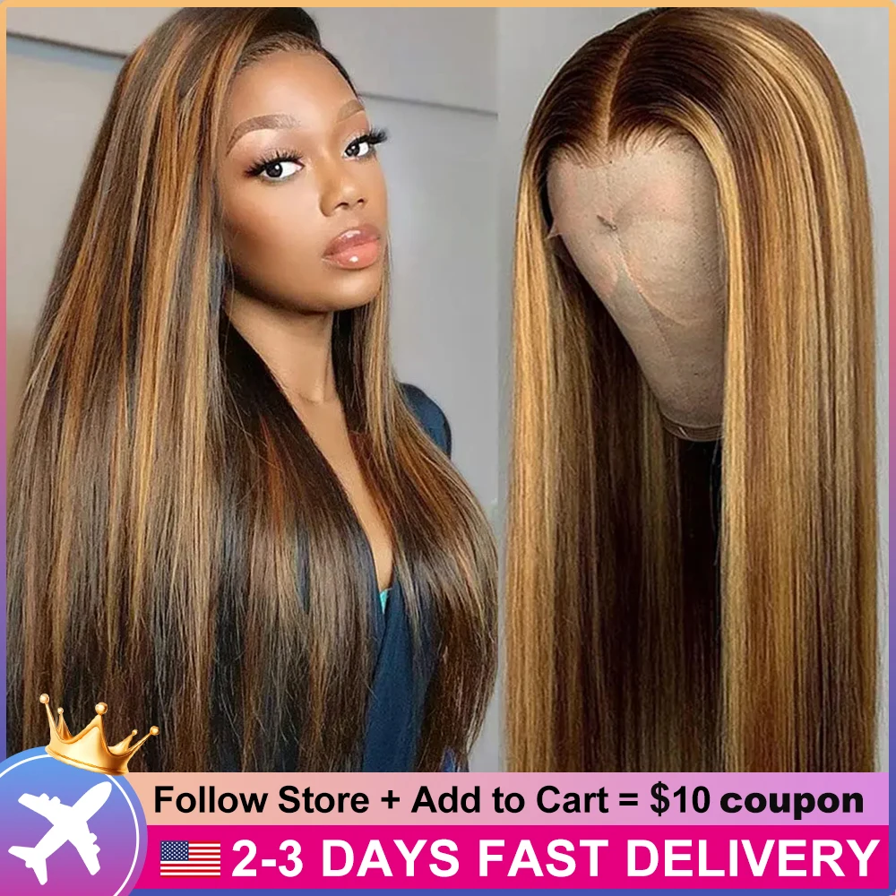 Highlight Ombre Lace Front Wig Human Hair Honey Blonde Straight Wig Free Part HD Transparent Lace Front Wig for Black Women short pixie cut human hair wig bob wavy wig part lace human hair wig ombre blonde color part lace wigs for black women