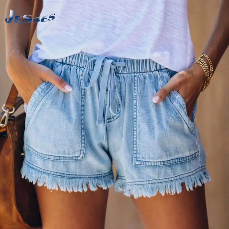 

Loose Pocket Denim Shorts Women High Waist Thin Lace Up Casual Shorts Large Size Loose Elastic Band Biker Bottoms For Female