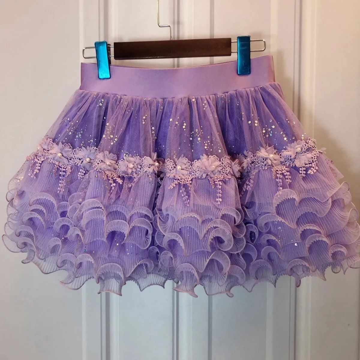 

NONSAR Gauze Mini Cake Skirt Women Flower High Waist Fluffy Lolita Multi-Layer Light Purple Skirt