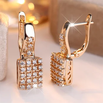 Geometric Stone White Zircon Rectangle Hoop Earrings For Women Vintage Gold Color Tiny Ear Buckle Wedding Jewelry Versatile Gift