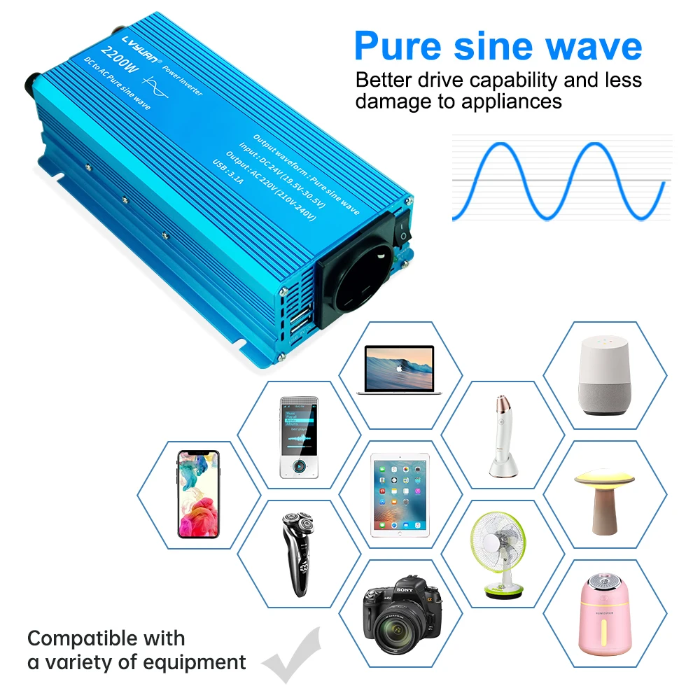 Car Converter 12V/24V To 220V Pure Sine Wave 1000W/1500W/2200W Solar Energy Battery Voltage Transformer 50Hz