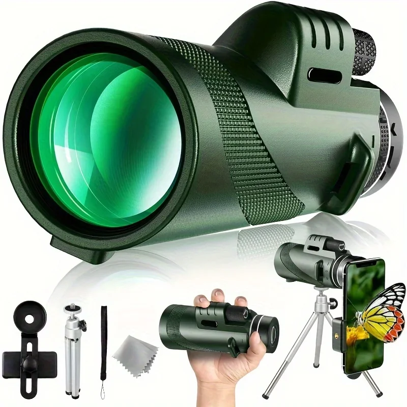 

Powerful 80x100 monocular telescope with phone clip and tripod, long range monocular outdoor camping
