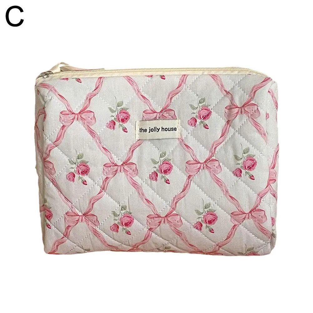 Women Cute Bow Flower Zipper Quilting Cotton Makeup Bag
