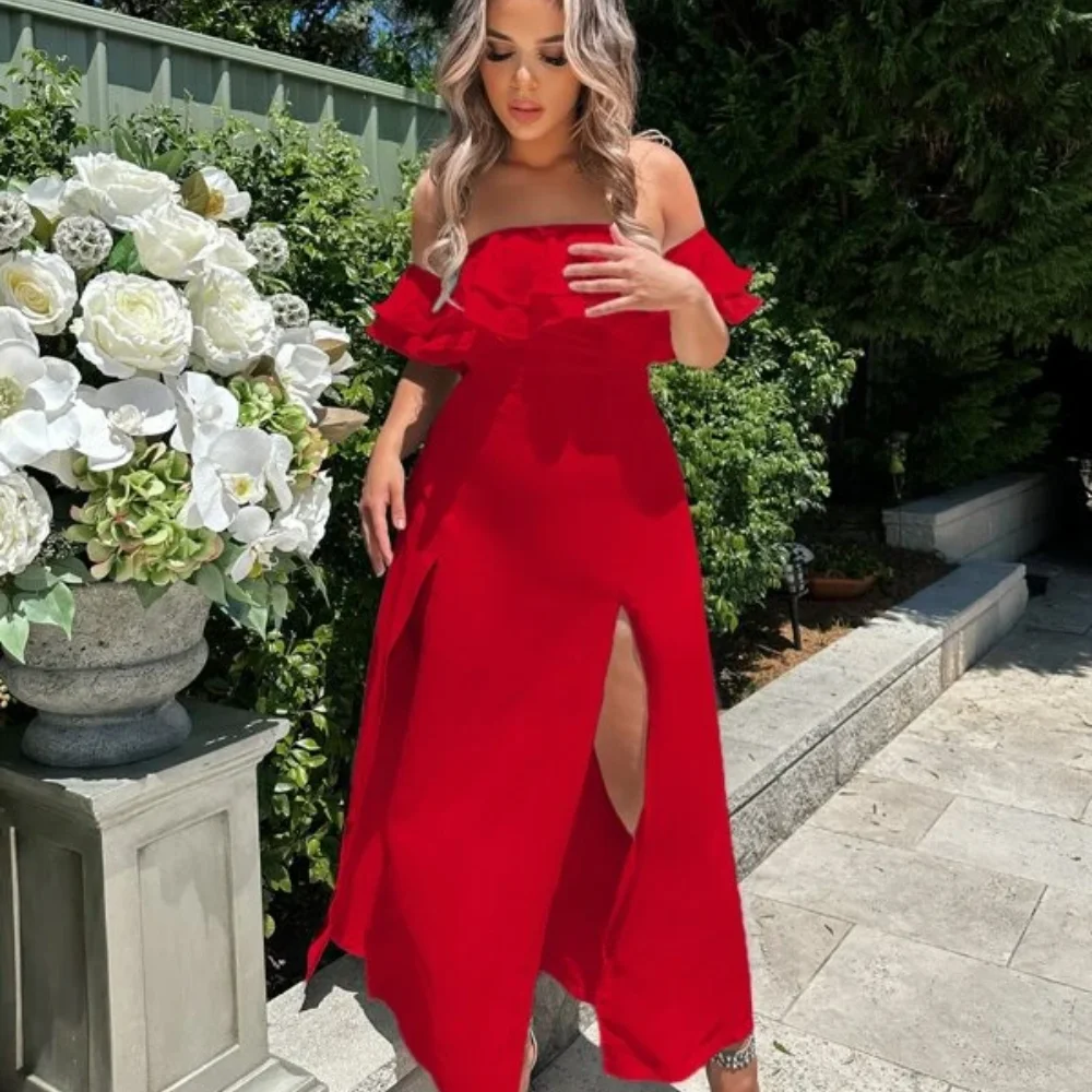

Elegant Red Tulle A Line Prom Gown For Bride Evening Party Dress Off the Shoulder High Side Slit Ruffles Backless Formal Robe