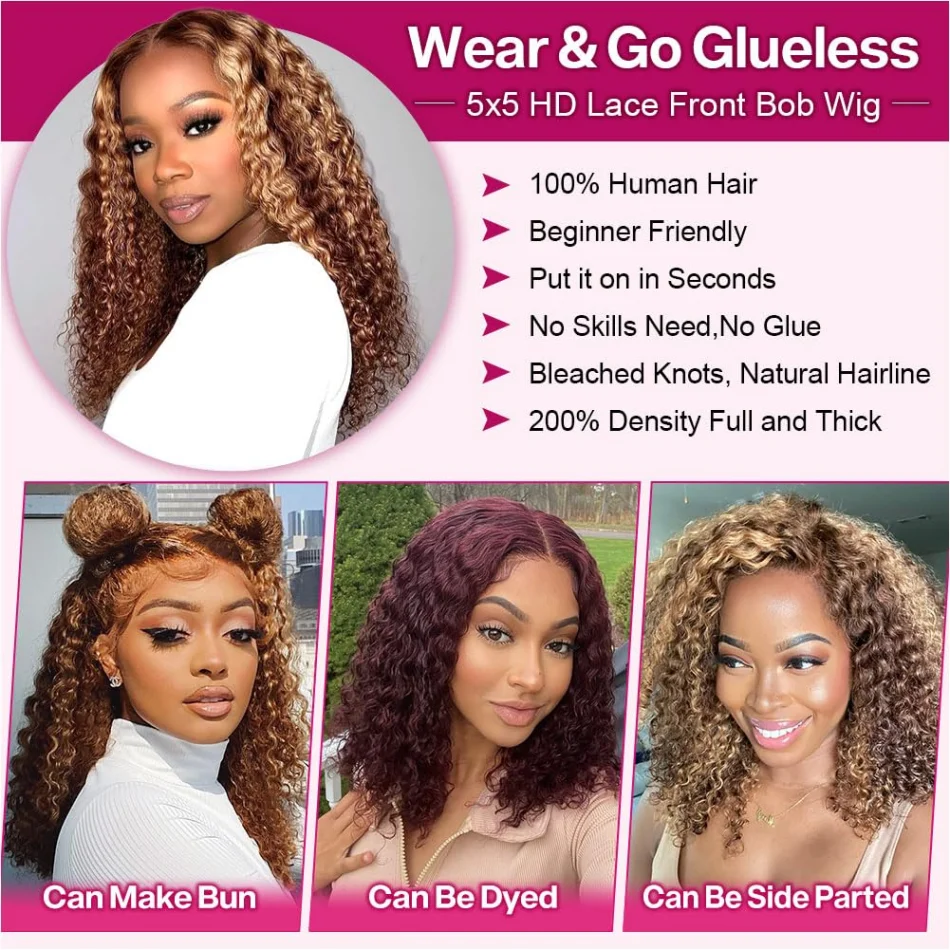 Highlight Ombre Bob Wig Human Hair 100% Curly Short 5X5 Hd Lace Closure Wig Honey Blonde Colored Glueless Deep Wave Frontal Wigs