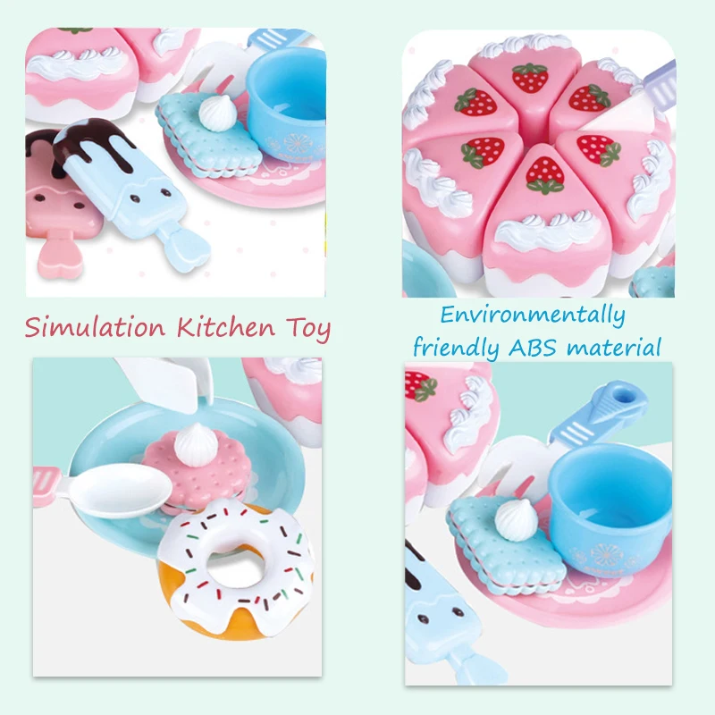 Kids Simulation Food Kitchen Toy DIY Pretend Play Set Cutting Birthday Cake Fries Pizza Game Educational Toy for Girls Gift