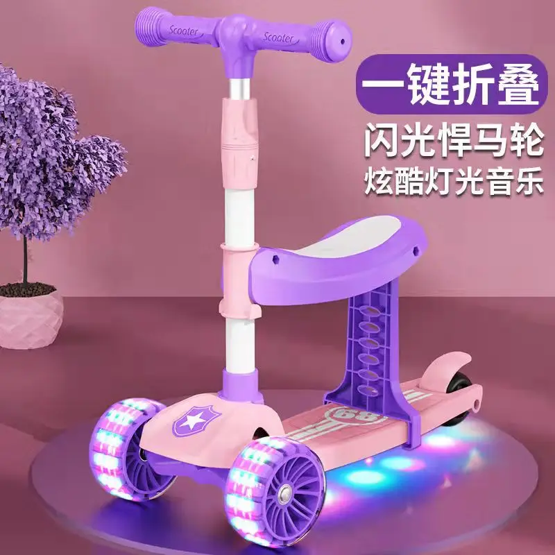 Children Scooter 3 Wheel Scooter with Light Up Flash Wheels Music For 1-3-8 Year Kids Adjustable Height Foldable