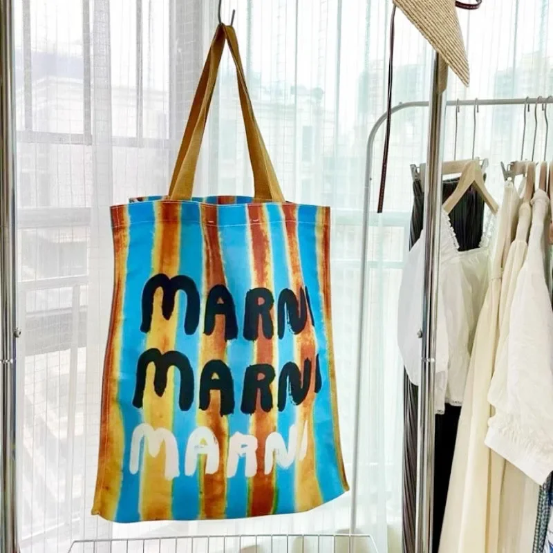 

Y2k Korean Fashion Brand Striped Canves Bag Large Capacity Marnis Shopping Bag Artistic Design Printing High Street Shoulder Bag