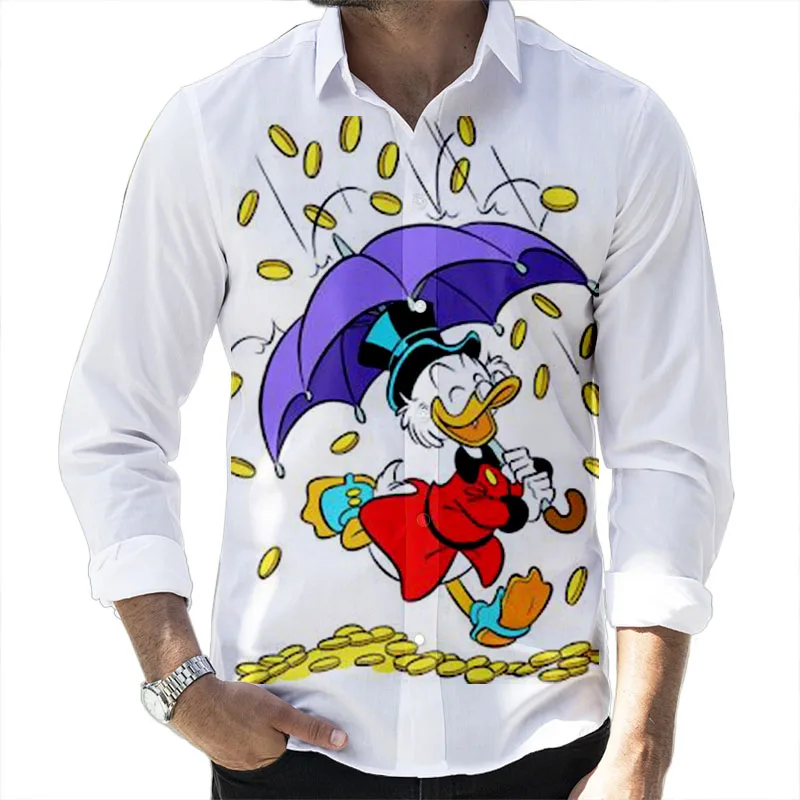 Street Style Donald Duck Cartoon 2024 Spring Harajuku New Fashion Casual 3D Printed Long Sleeve Lapel Shirt Slim Men's Top