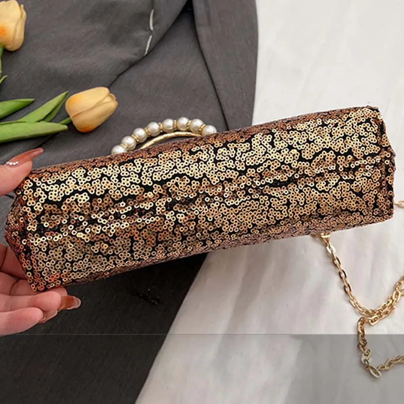 Pearl Chain Top Handle Sequins Clutch Handbag for Women Fashion Lady Glitter Wedding Evening Party Messenger Purse Shoulder Bag