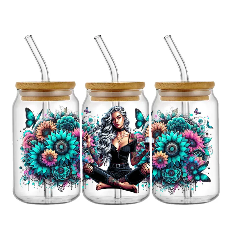 멋진 소녀 자신감 커피 UV DTF 스티커 16oz 컵 랩 전송 스티커 사용자 정의 라벨 DIY 자기 접착 스티커