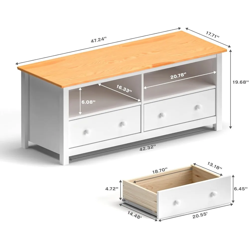 Handcrafted Solid Oak TV Stand Entertainment Center - Elegant White/Pine Media Console with Spacious Storage Drawers & Open Shel 2
