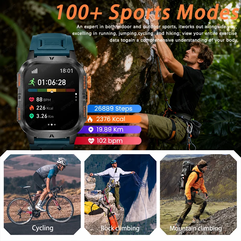 새로운 야외용 견고한 군용 스마트 워치 남성용 1200mAh 2.01” HD 스크린 블루투스 통화 IP68 방수 LED 손전등 스마트 워치