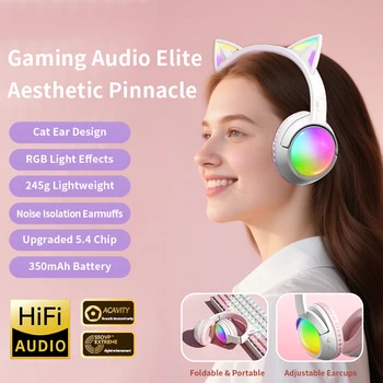 Cute Cat Ear RGB Wireless Headphones, Bluetooth 5.4, 350mAh Battery, 20H Playtime, Foldable Over-Ear Headset with Mic, HiFi Soun 5
