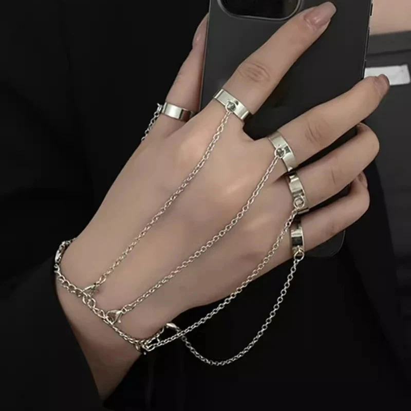 Punk Geometric Chain Wrist Bracelet Ring Women Men Open Ring Silver Link Chain Girls Cool Design Fashion Jewelry