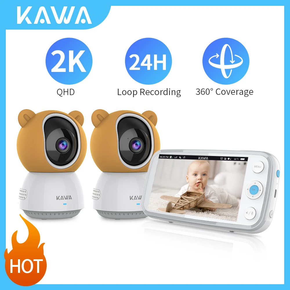 

KAWA 2K Baby Monitor with 2 Cameras Audio Video Nanny Wireless Camera with 4000mAh Battery 5 Inch Screen Night Vision 360 Rotate