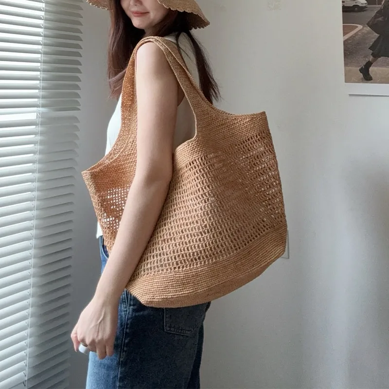 Fashion Large Handmade Woven Straw Shoulder Bag Women Luxury Tote Bag Vintage Handbags Purses Designer Vacation Beach