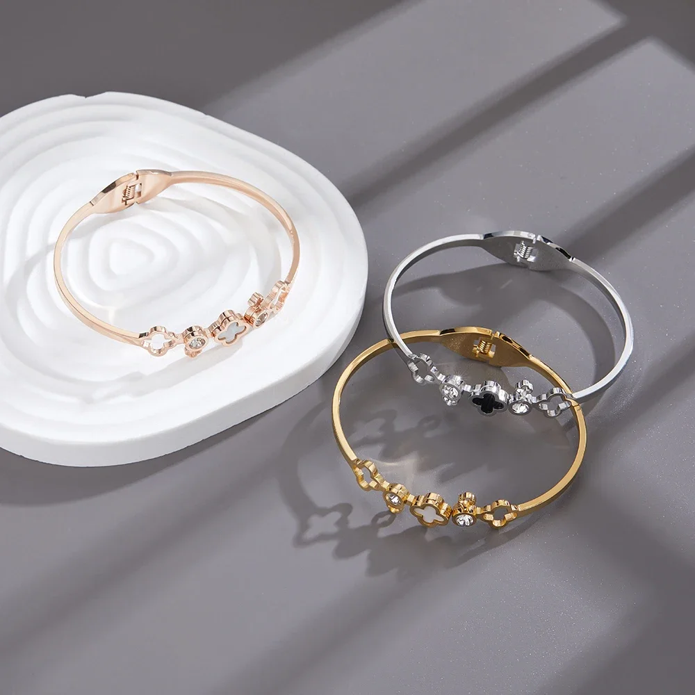

Fashion Classic Four-Leaf Clover Stainless Steel Charm Bracelets Rose Gold Color Bangles Women Jewelry for Birthday Gifts