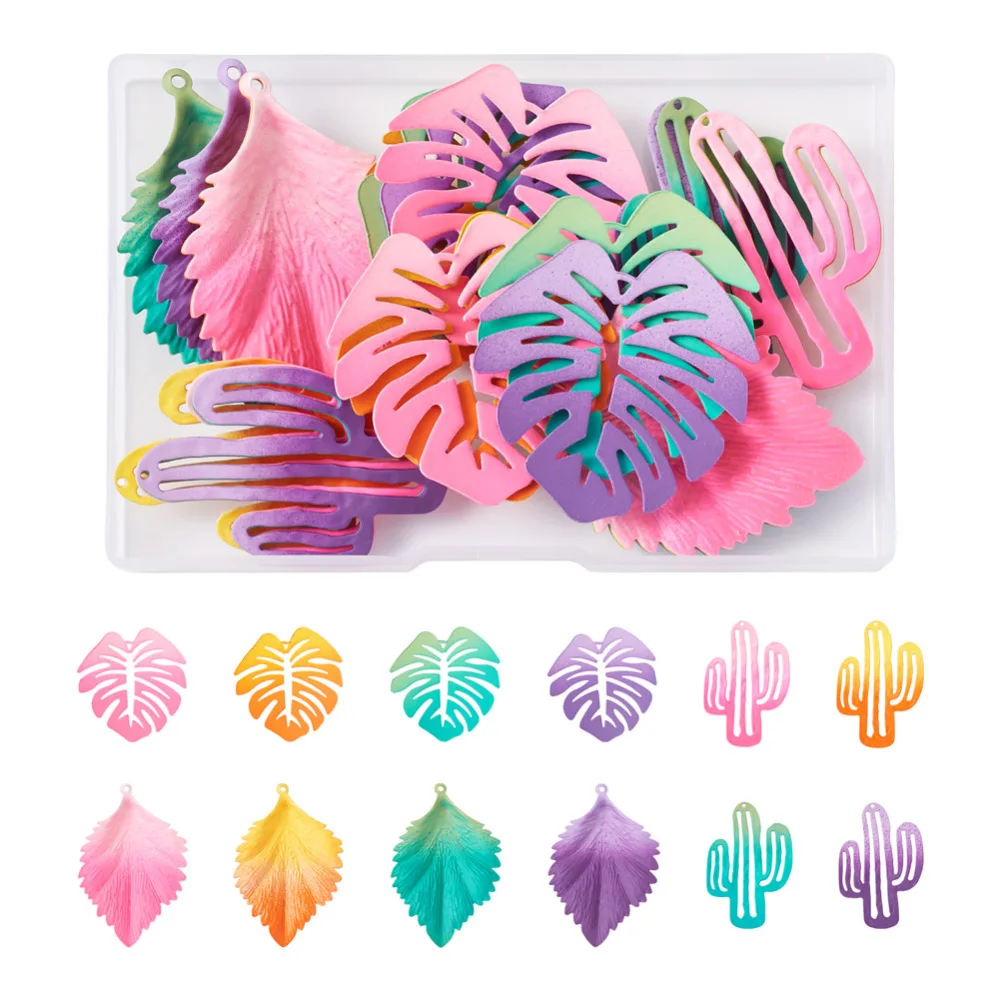 24Pcs Gradient Spray Painted Plants Pendants Colorful Iron Cactus Leaves Charms for DIY Jewelry Earrings Making Accessories
