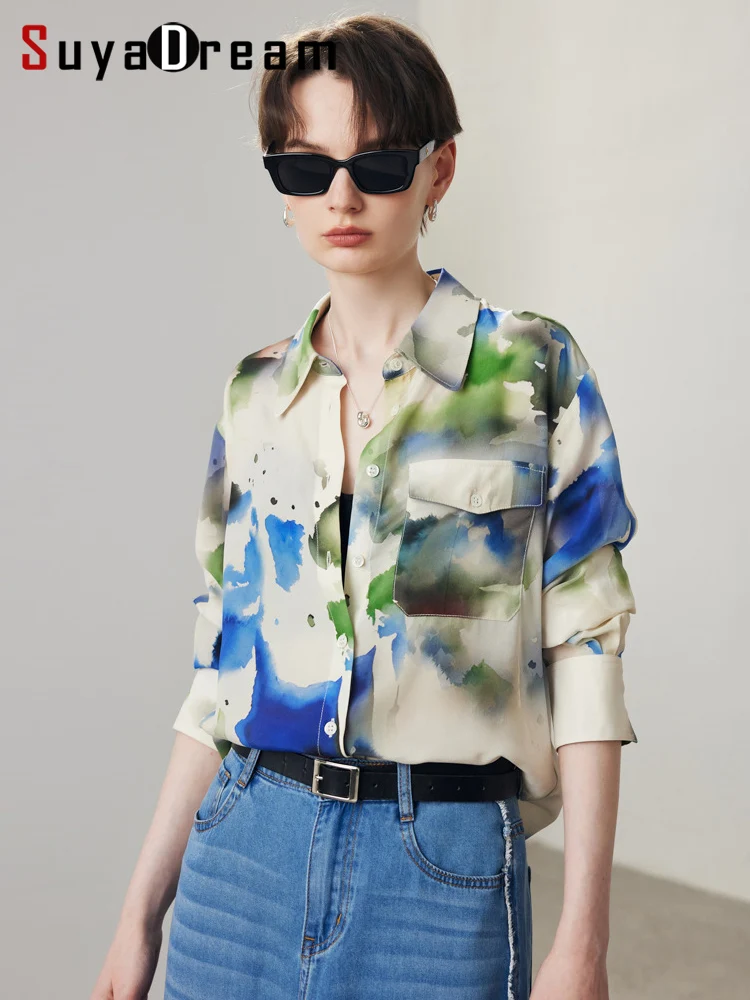 

SuyaDream, Women Printed Shirts, 100%Silk Crepe De Chine, Chest Pocket Chic Shirts, 2024 Spring Summer Casual Top