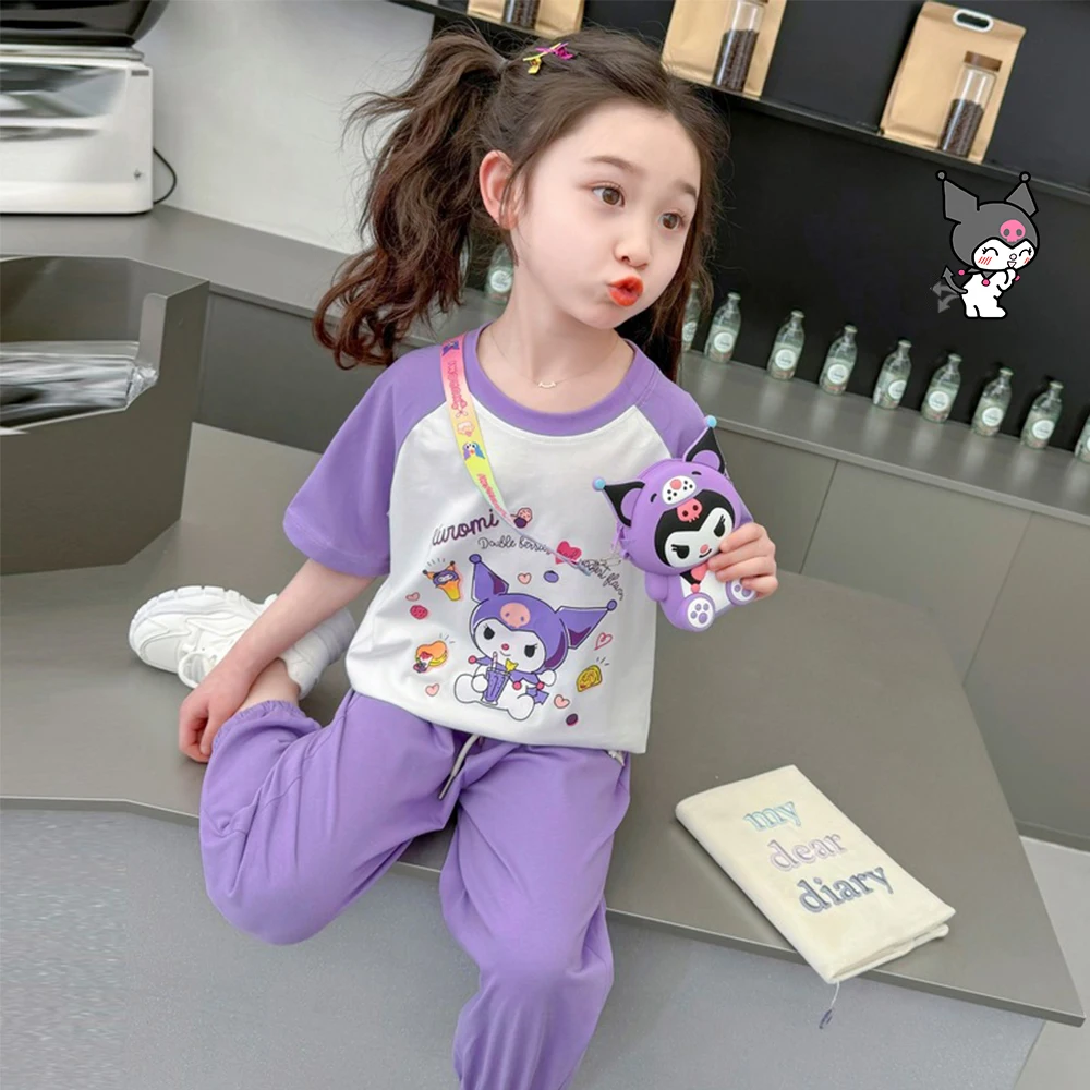 

Anime Kuromi Melody Girl's Short Sleeve Suit Sanrios Kawaii Kids New Summer Korean Cartoon Fashion Sports Set Casual Clothes
