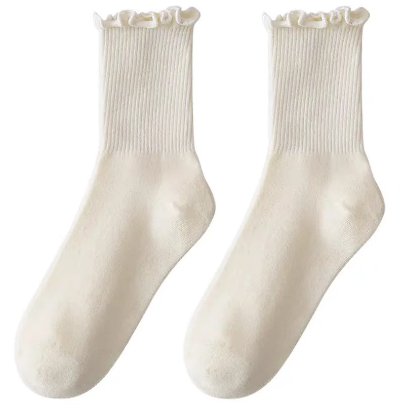 5-Pack Women's Ruffle Ankle Socks – Black & White Breathable Cotton Blend, Cute Short Tube Socks for Spring & Fall