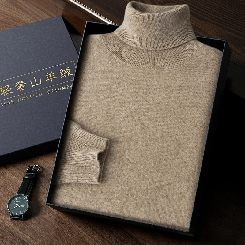 2024 Spring Autumn New 100% Cashmere Sweater Men's High Turnover Collar Knitted Pullover Fashion Slim Fit Knitted Bottom Shirt 4
