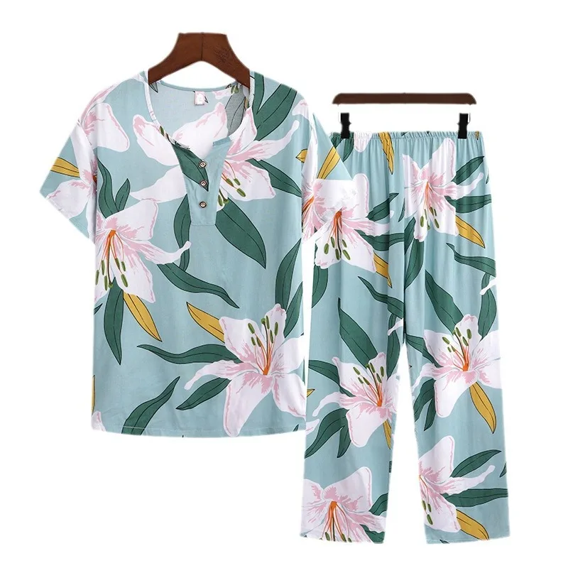 Middle-Aged and Elderly women pajamas set cotton pajamas set Summer Short Sleeve Trousers Set Cotton Rayon Mom Ladies Loungewear