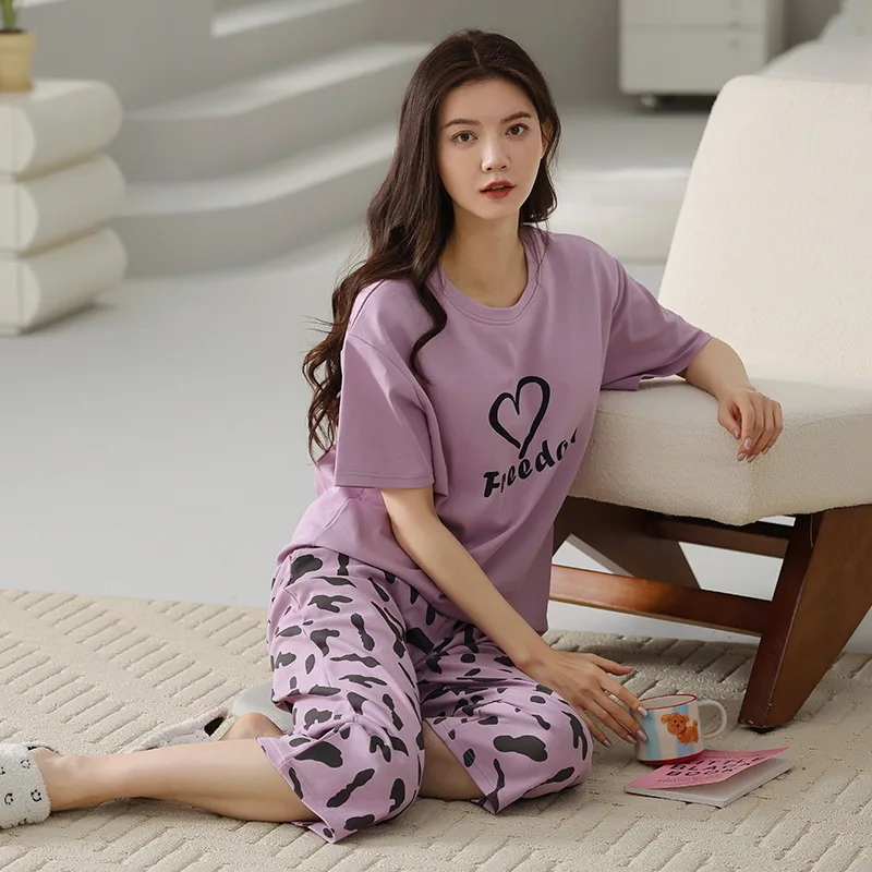 Summer Women's Thin Knitted Cotton Pajamas Round Neck Short Sleeve Capris Girls Loose Casual Sweet Printed Home Clothing Set