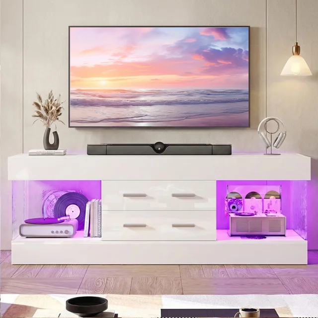 Modern 60 Inch TV Stand for 65/60/55+ TV, High Gloss White Entertainment Center with 2 Drawers & LED Lights for Living Room