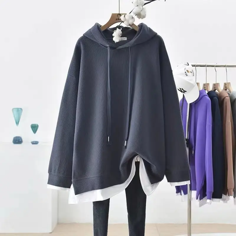 Spring Autumn Contrast Thin Fake Two Piece Hooded Long Sleeve Lacing Loose Plus Size Sweatshirts Casual Fashion Women Clothing