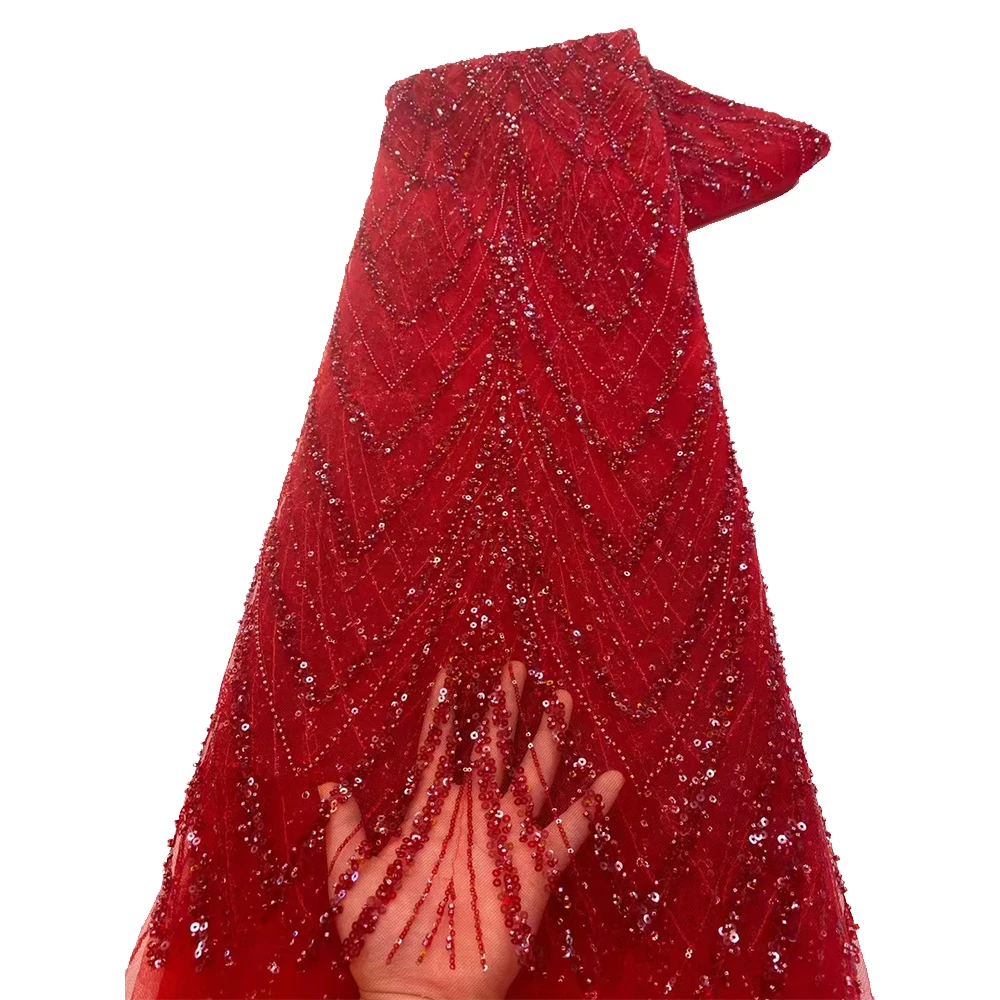 Red African French handmade beaded lace fabric sewing sequins embroidery Nigeria lace fabric for women wedding sequins jacquard lace fabric cotton voile lace fabric lace trim fabric brocade lace fabric