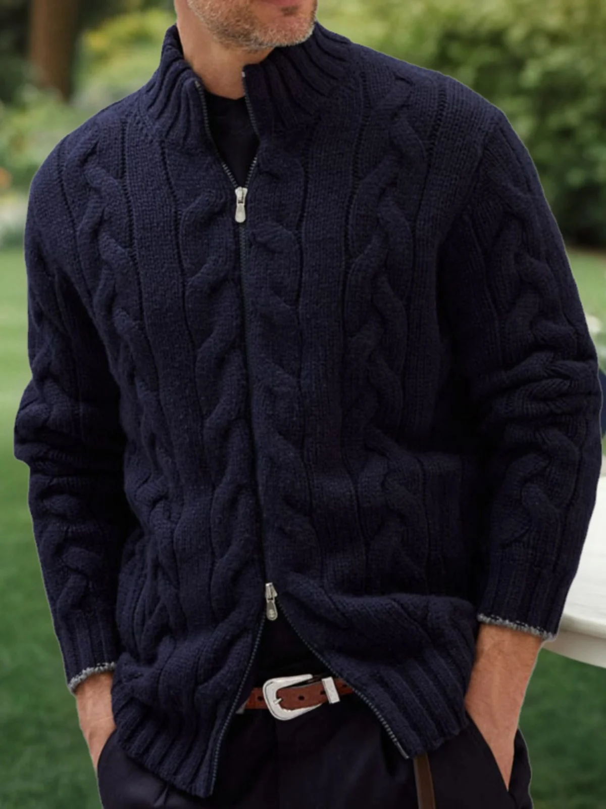 

2024 Early Spring New Men's Solid Color Zipper Knitted Coat Large Standing Neck Long Sleeved Sweater Men Knitwear