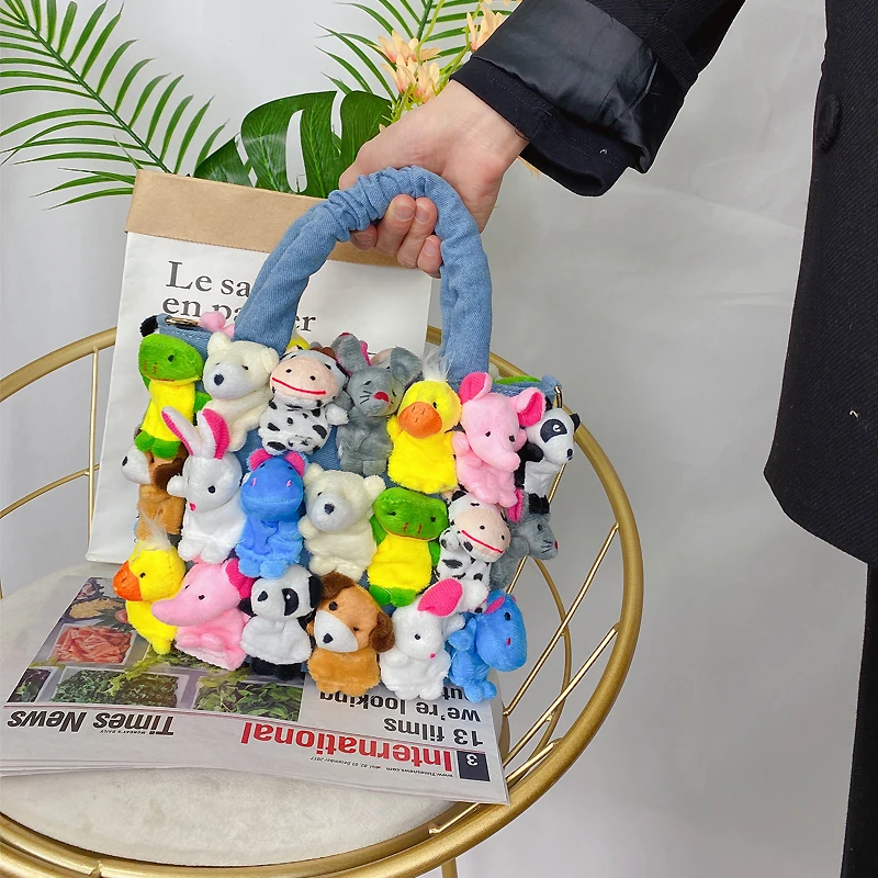 Fashion Women Denim Bucket Cartoon Toy Decoration Handbags and Purses for Female Cute Dolls Design Shoulder Bags Crossbody Bags
