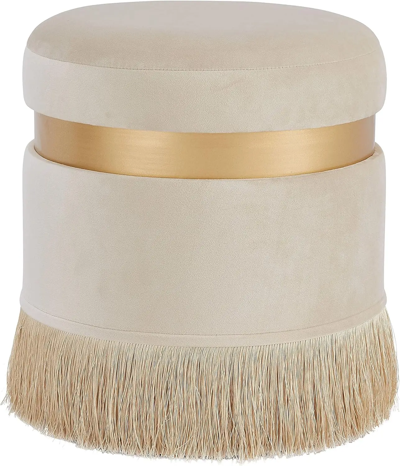 

Velvet Fabric Fringe Round Storage Ottoman, Serene Cream