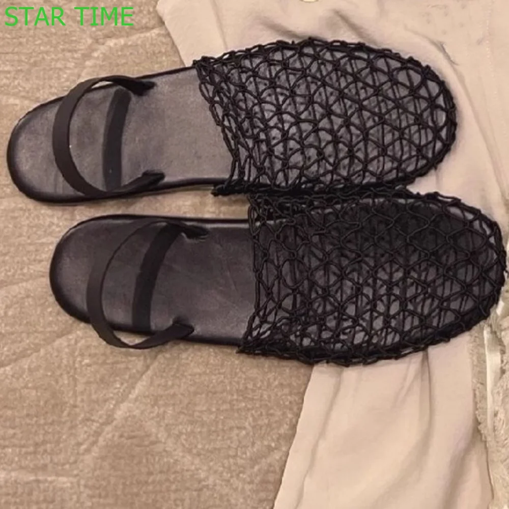 Closed Toe Mesh Roman Flat Sandals Hollow Back Strap Outdoor Beach Slides 2024 Summer New Black Casual Women Slippers