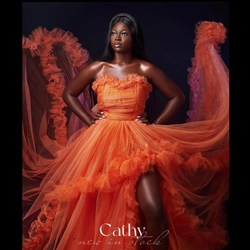 

Cathy Orange Strapless Party Dress Sexy Multilayer Evening Dresses Side Split Vestidos De Noche Strapless A-line Prom Dress