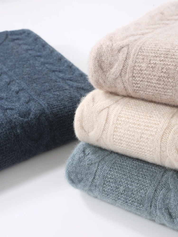 CHICUU Autumn Winter Men Cashmere Sweater Thick Mock Neck Cable Knitting Pullover 100% Merino Wool Knitwear High Quality Tops 6