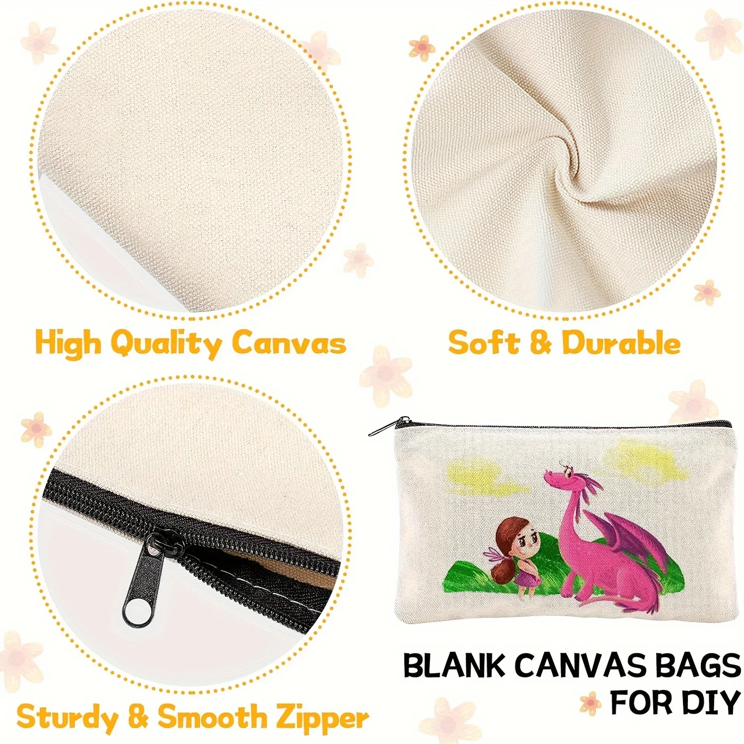 6pcs Blank DIY Craft Bag Canvas Pencil Case Blank Beige Makeup Zipper Bags- Pencil Pouch Cosmetic BagTravel Toiletry Bag 5