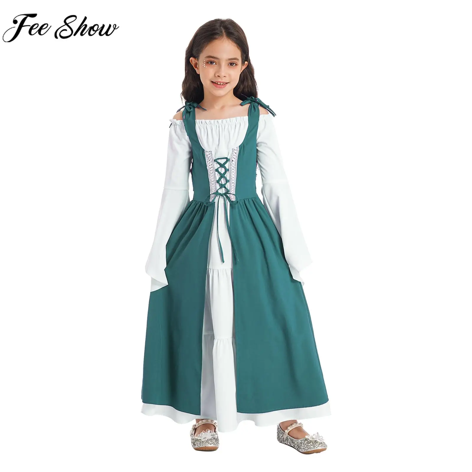 

Женское винтажное платье От 6 до 16 лет, костюм для косплея на Хэллоуин, маскарад, Средневековый Ренессанс, платье на шнуровке с длинным рукавом, платья