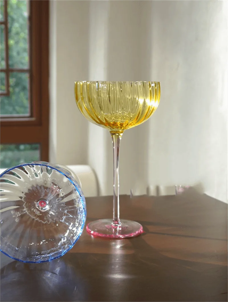 Colorful Glass Vertical Stripes Petal Shaped Glasses Goblet Grape Wine Glass Red Wine Glass Dessert Glass Bowl
